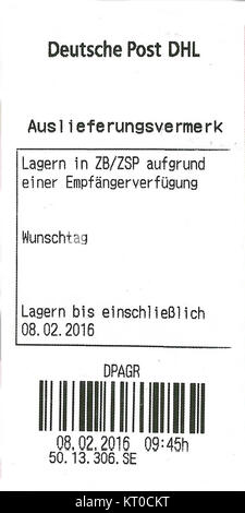 The 'Auslieferungvermerk' (delivery note) from DHL indicates the ...