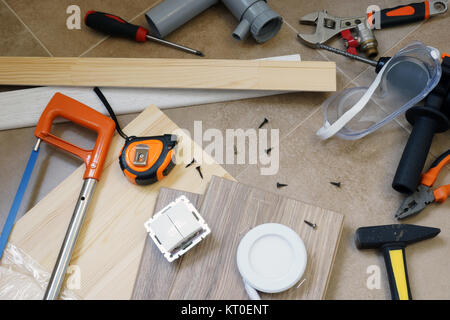 Set of work tools and accessories for home renovation. Stock Photo