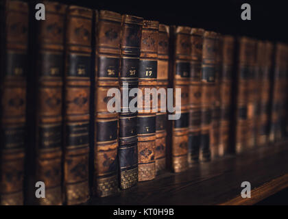 An antique collection of Voltaire books sitting on a bookshelf. Title and volume number are visible for editorial purposes. Stock Photo