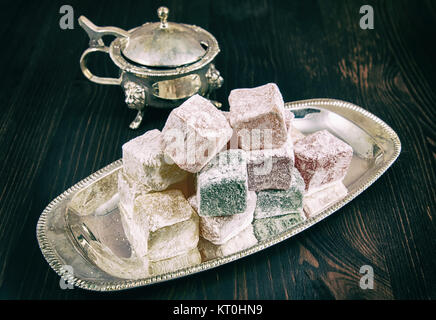 Rose flavoured Turkish delight in traditional silver bowl Stock Photo