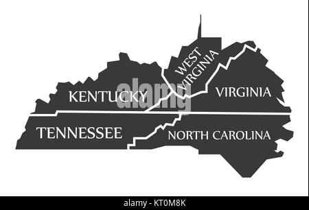 Kentucky - Tennessee - West Virginia - Virginia - North Carolina Map labelled black Stock Photo