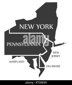 New York - Pennsylvania - New Jersey - Delaware - Maryland Map labelled black