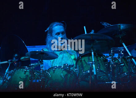 Iron Maiden, the English heavy metal band, performs a live concert at Telenor Arena in Oslo. Here drummer Nicko McBrain is seen live on stage. Norway, 15/06 2016. Stock Photo