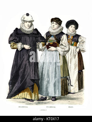 Vintage engraving of Womens fashions in Germany, 17th Century. Strassburg and Basel Stock Photo