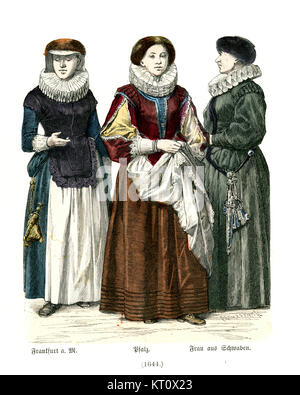 Vintage engraving of Womens fashions in Germany, 17th Century. Frankfurt, Pfalz and Schwaben Stock Photo