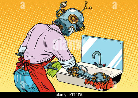 Home cleaning washing kitchen sinks, robot works Stock Photo