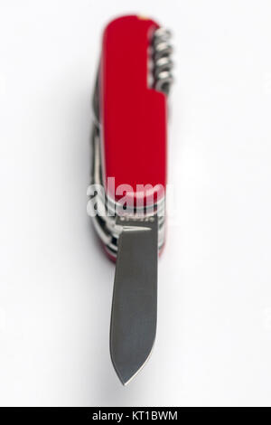 Red Swiss Army pen knife, with blade Stock Photo