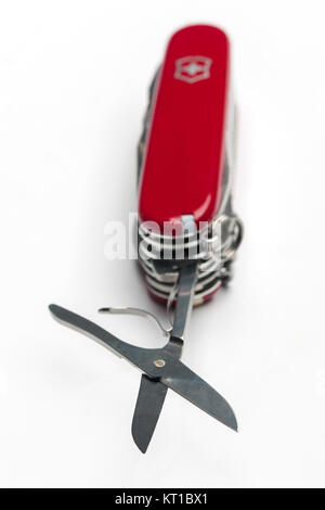 Red Swiss Army pen knife with scissors Stock Photo Alamy