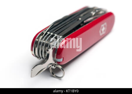 Red Swiss Army pen knife, with screwdriver Stock Photo