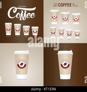 Coffee on the go cups. Different sizes of take away paper coffee cups vector illustration. Stock Vector