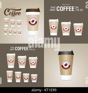 Coffee on the go cups. Different sizes of take away paper coffee cups vector illustration. Stock Vector