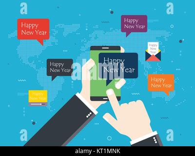 Hand holding smartphone with Happy New Year message. Map of the world, email and video with message of happy new year. Concept of social media, commun Stock Vector