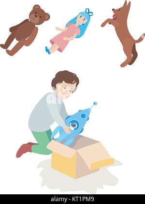 Child girl or boy opens the gift box toy, rocket, doll, Teddy bear or pet a dog. Christmas, New year or birthday. Flat style. Stock Vector