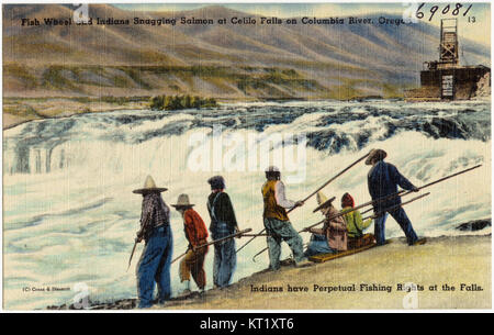 Fish Wheel and Indian Snagging Salmon at Celilo Falls on Columbia River, Oregon. Indians have perpetual fishing rights at the falls (69081) Stock Photo