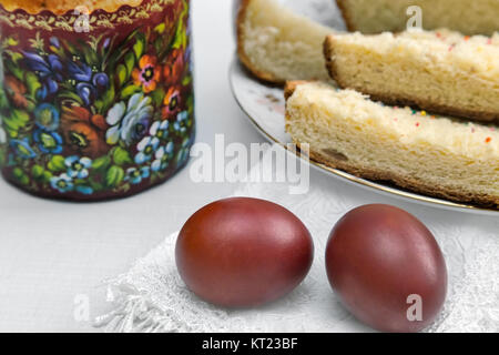 Easter eggs on the napkin and cake . Stock Photo