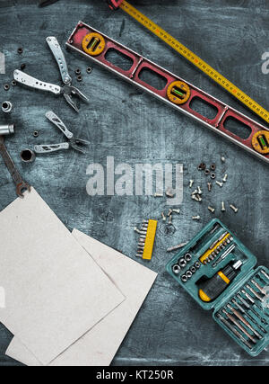The set of construction tools on wooden table Stock Photo