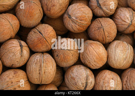 Whole walnuts in nutshells close up Stock Photo