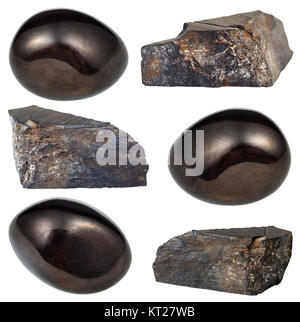 collection of tumbled and raw jet (lignite) stones Stock Photo
