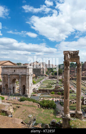 View from the Tabularium down Via Sacra with Arch of Septimius Severus to left and Temple of Vespasian and Titus on right, Roman Forum, Rome, Italy Stock Photo