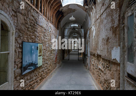 View along prison wing corridor in the Eastern State Penitentiary Historic Site, Philadelphia, United States. Stock Photo