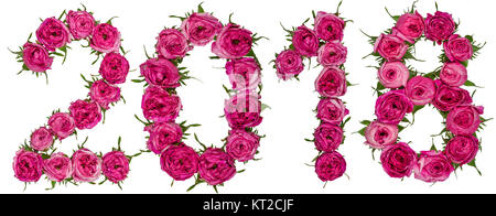 Numeral 2018 from red flowers of rose, isolated on white background Stock Photo