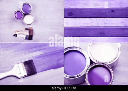 Paint cans and colored brushes on white background Stock Photo