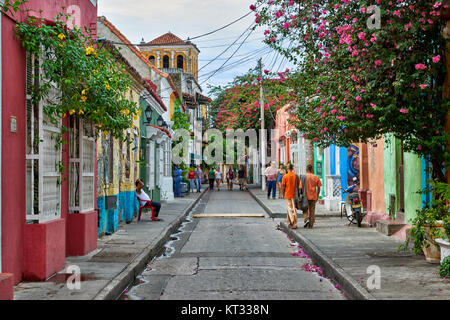 typical colorful facades with flowers of houses in district Getsemani of Cartagena de Indias, Colombia, South America Stock Photo