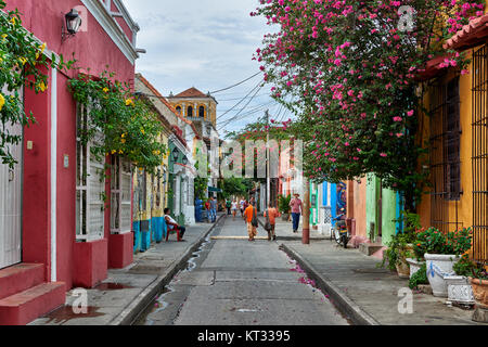 typical colorful facades with flowers of houses in district Getsemani of Cartagena de Indias, Colombia, South America Stock Photo