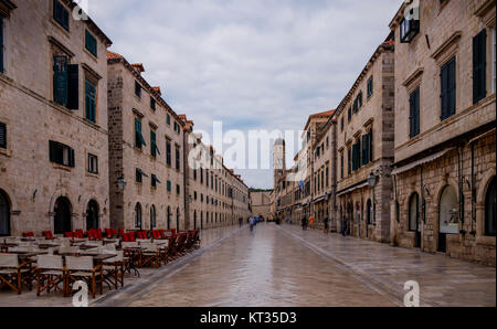 A town center streetview of the fortified and historical city of Dubrovnik, Croatia. The city is on the Unesco World Heritage List. Stock Photo