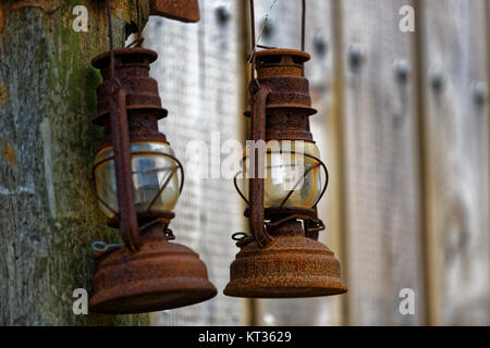 A pair of old rusty lanterns in Aberporth Stock Photo