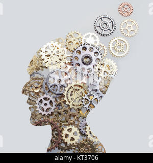 Brain model concept made from gears and cogwheels in grey plate Stock Photo