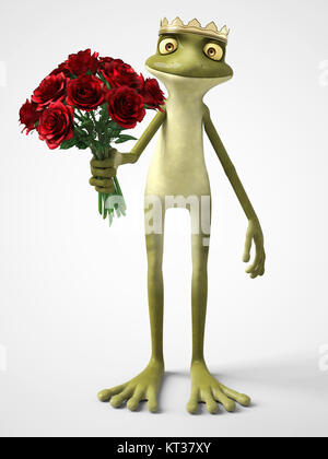 3D rendering of romantic cartoon frog prince holding a bouquet of red roses. Stock Photo