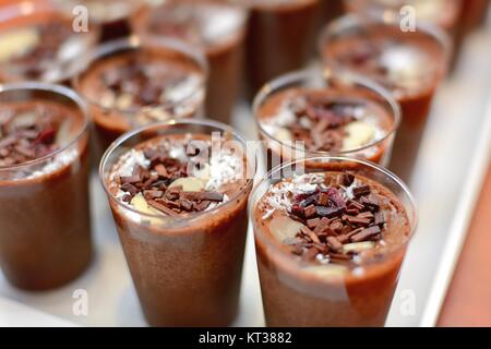 Close up of the Chocolate Mousse Desserts in the Small Cups. Stock Photo