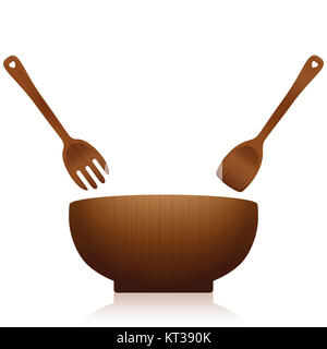 Salad bowl and servers - dark wooden rural kitchen tool set with fork and spoon situated over an empty bowl - illustration on white background. Stock Photo