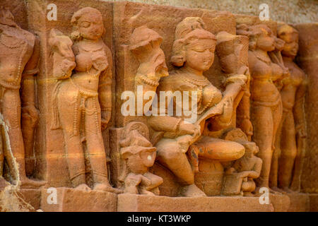 Intricate stone Sculpture detail of a temple, Khajuraho, Chhatarpur District, Madhya Pradesh, India Stock Photo
