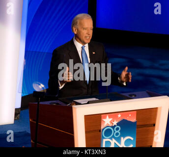 Joe Biden at the 2008 Democratic National Convention, captured in a cropped image. This moment is part of his campaign history as he was selected as the vice-presidential nominee for Barack Obama's ticket. Stock Photo