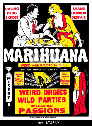 'Marihuana 1' is a 1936 film exploring the social and moral issues surrounding marijuana use. The film reflects the period's attitudes toward drug use, presenting exaggerated consequences of marijuana consumption, in line with the anti-drug propaganda common during that era. Stock Photo