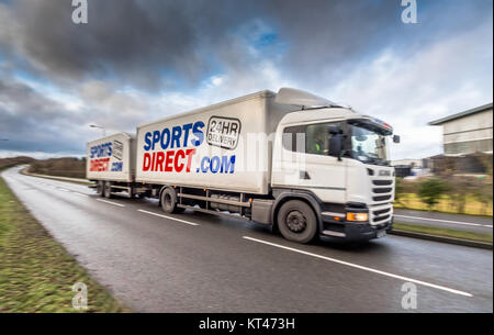 Sports Direct .com goods truck on its way to the main distribution hub, Shirebrook,Derbyshire, Engalnd, uk. Stock Photo