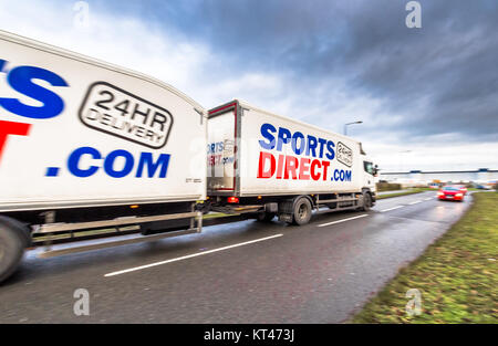 Sports Direct .com goods truck on its way to the main distribution hub, Shirebrook,Derbyshire, Engalnd, uk. Stock Photo