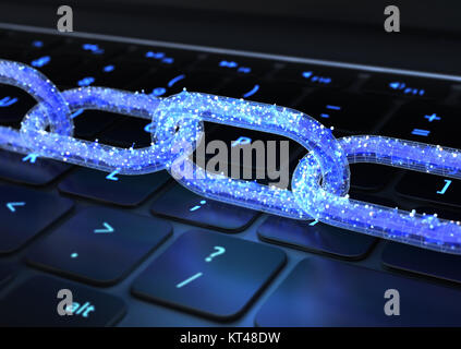 The chain with data on a keyboard. 3D illustration Stock Photo