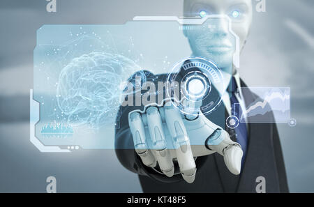 Robot in suit working with high tech touchscreen.3D illustration Stock Photo