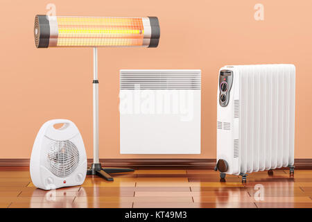 Heating devices. Convection, fan, oil-filled and infrared heaters, 3D rendering Stock Photo