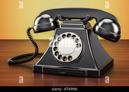 Retro black telephone on wooden table, 3D rendering Stock Photo