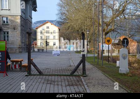 The village of Železná Ruda (Markt Eisenstein), Czech Republic, at the border to Bavaria: The border crossing at the divided railway station Stock Photo