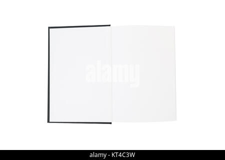 Open black hardcover book with blank white pages isolated on white background. Stock Photo