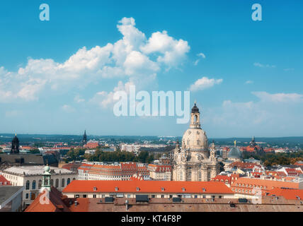 Skyline of Dresden, Saxony, Germany with Church of Our Lady (Frauenkirche) on a bright day Stock Photo
