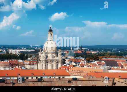 Skyline of Dresden, Saxony, Germany with Church of Our Lady (Frauenkirche) on a bright day Stock Photo