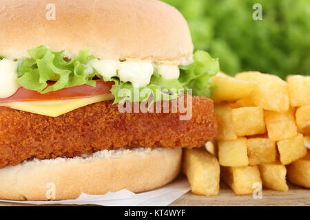 fishburger burger backfisch hamburger with french fries closeup closeup cheese tomatoes Stock Photo