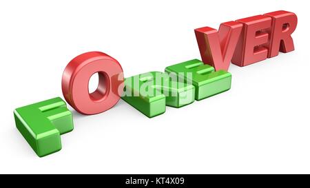 Word FOREVER with letter F R E down and OVER standing. 3D Stock Photo