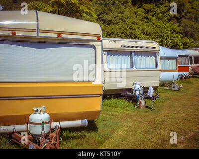 Row of old Fashioned vintage Caravans on a Trailer Park Stock Photo